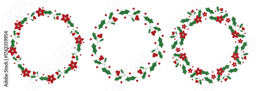Round Christmas wreaths with poinsettia flowers and holly berries. Decorative elements for design, greeting cards, invitations, sales, interior.