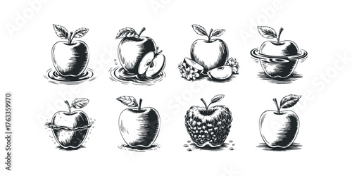 Hand-drawn apples with water ripples and leaves