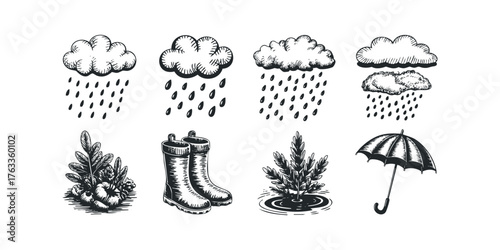 Sketch of rain clouds, boots, plant, and umbrella