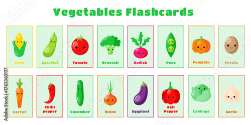 Full pack of kids flashcards with cute vegetables in kawaii style with inscriptions.Colorful flat style.Learning vegetables for preschool.Learn food vocabulary for children. Vector illustration