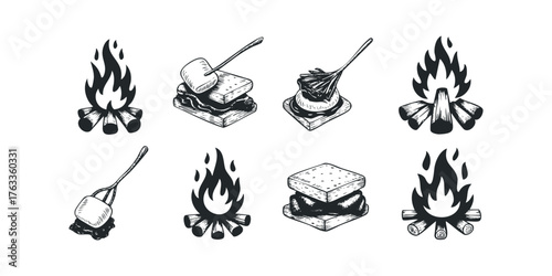 Campfire and s'mores sketch icons