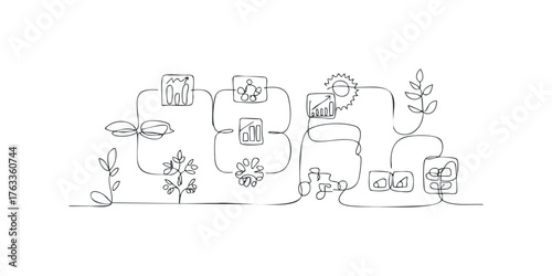 Abstract continuous line flowchart with growth graphs and plant imagery