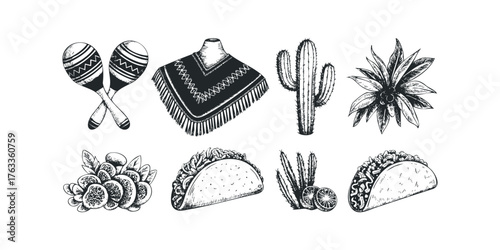 Mexican Fiesta Elements Maracas Poncho Cactus Tacos Oranges