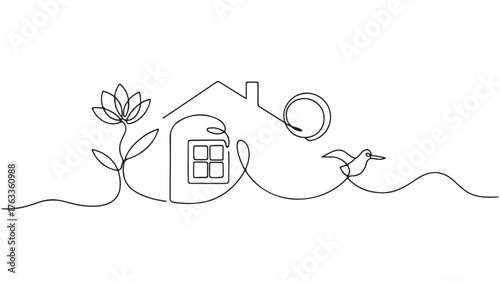 Minimalist single line drawing of a house, flower, sun and bird, symbolizing home and nature.