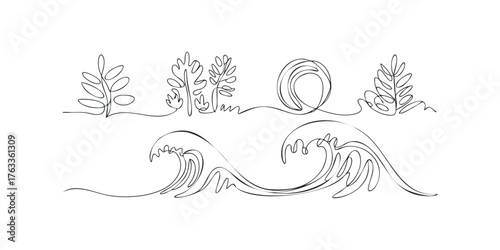 Minimalist continuous line drawing of plants and waves
