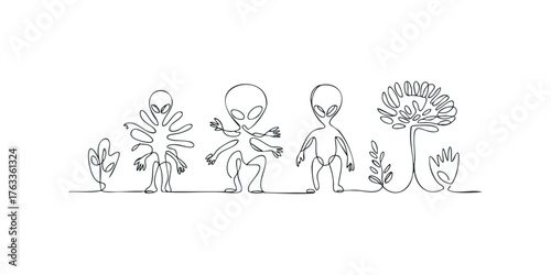 Alien figures and plant life represented in single line drawing style