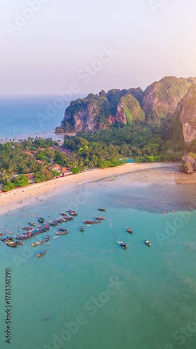 Railay beach with long tail boat in Krabi, Thailand.