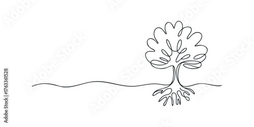 Single line drawing of a tree with visible roots
