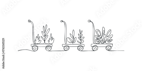 Three plant carts with continuous line drawing of foliage