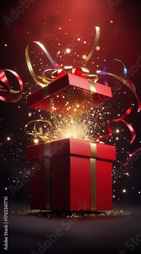 Red gift box explodes with light, lid flying off. Ribbons swirl in festive, dramatic atmosphere on a dark red background, symbolizing Christmas & New Year surprise and excitement.