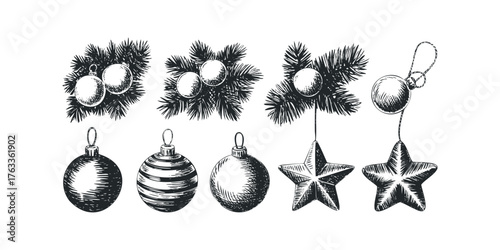 Sketch of Pine Branches with Ornaments and Stars
