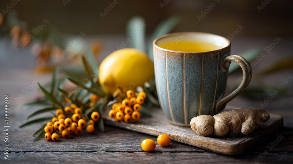Fototapeta premium Still life of tea in a blue mug with lemon ginger and sea buckthorn on a wooden surface decoratively