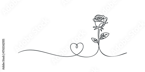 Single line drawing of a rose with a heart shape