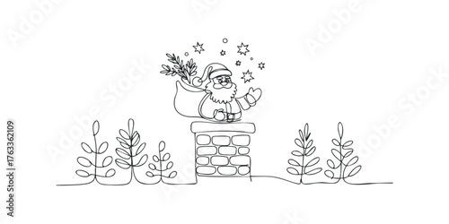 Santa Claus arriving via chimney with gift sack and stars