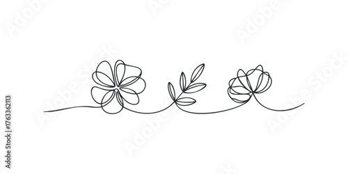 Continuous line drawing of flowers and leaves