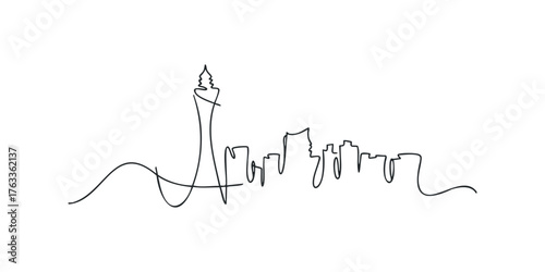 Minimalist black line drawing of urban skyline and tower