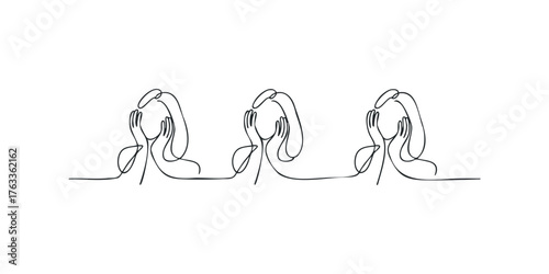 Three identical figures with hands covering faces