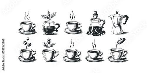 Collection of Hand-Drawn Coffee Cups and Brew Pots