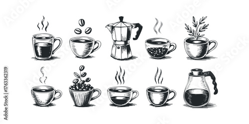 Various coffee cups, beans, and moka pot sketches