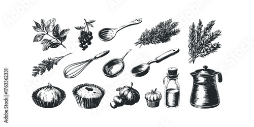 Sketchy Collection of Kitchen Utensils and Food Items