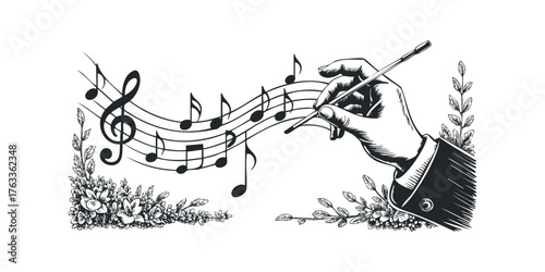 Hand holding baton leading musical notes with floral embellishments
