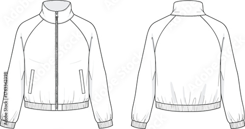 cad drawing flat vector illustration, bomber jacket technical sketch, front and back view, fashion design template, outerwear clothing mockup, apparel flat