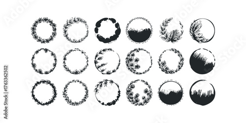 Collection of Hand Drawn Circle Botanical Frames and Wreaths