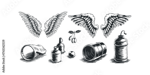 Ink drawing of angel wings and vintage containers