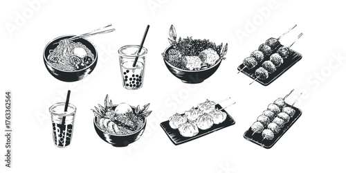 Sketch of Asian street food including noodles, dumplings, and drinks