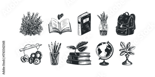 Collection of educational and nature-themed sketched objects