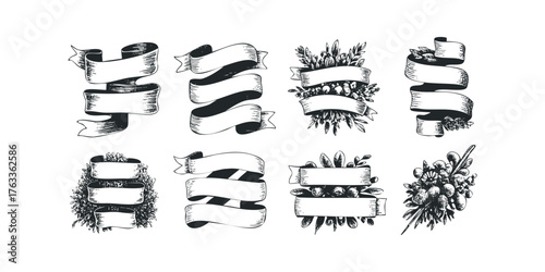 Collection of Hand Drawn Ribbons with Floral Accents