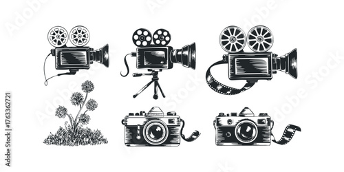 Vintage cameras and film reels on white background