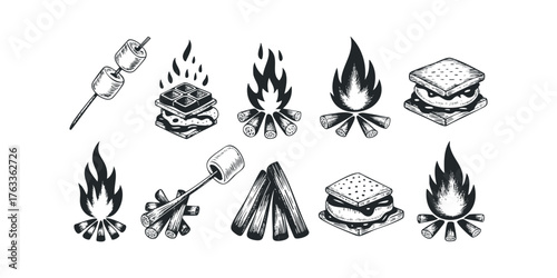 Campfire marshmallow and s'mores illustrations
