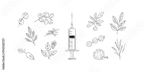 Medical syringe with botanical elements and virus depiction