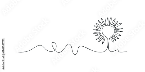 Continuous line drawing of a sunflower and abstract wavy line