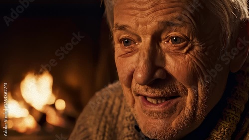 Senior Man Talking and Smiling Comfortably by the Fireplace at Home