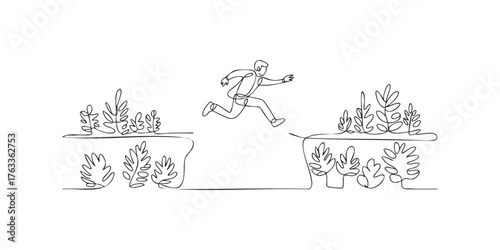 Man jumps over gap between foliage in continuous line sketch