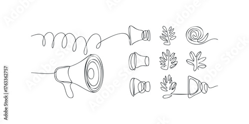 Line drawings of megaphone and botanical forms
