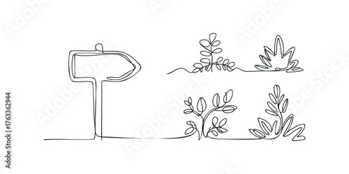 Single line drawing of directional sign and foliage