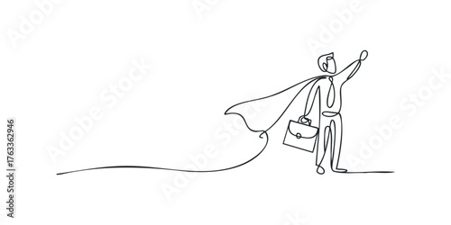 Business person with cape and briefcase reaching up