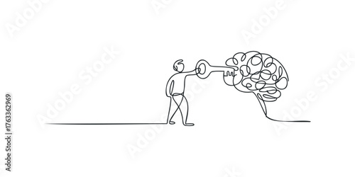 Person using key to unlock tangled thought process in abstract brain
