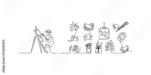 Line drawing of an artist painting surrounded by art supplies