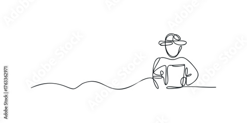 Continuous line drawing of a person wearing a hat