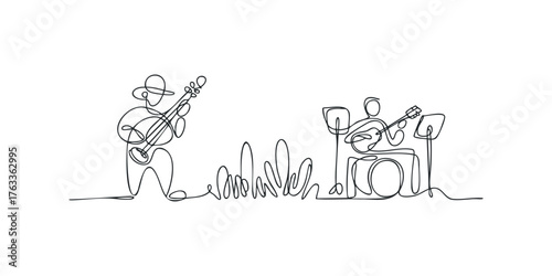 Single line drawing of musicians playing instruments
