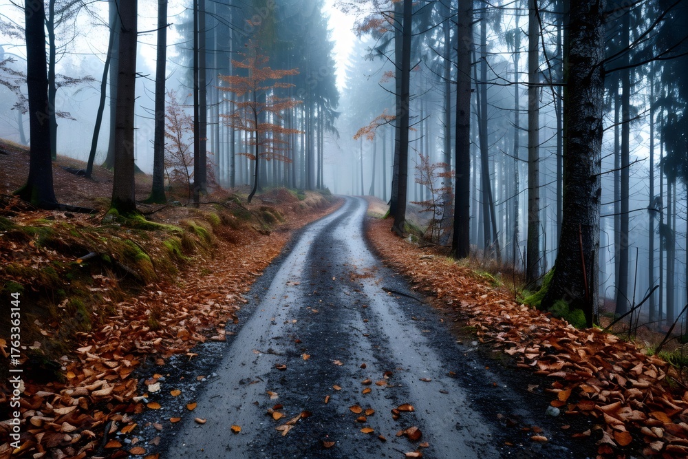 Fototapeta premium Forest road winding through misty autumn trees