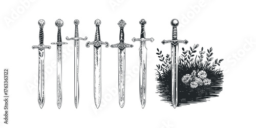 Collection of historical swords with ornate hilts and grass