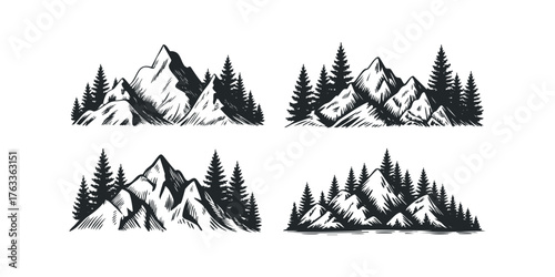 Mountain range and pine trees silhouette collection