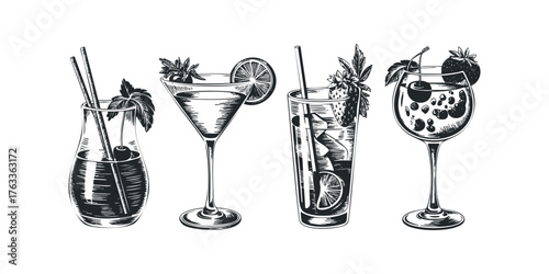 Line drawing collection of four garnished alcoholic beverages