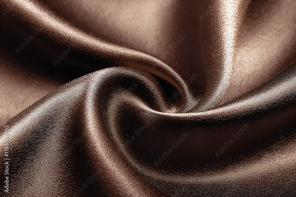 Fototapeta premium Elegant brown satin fabric twisting in soft folds under bright light