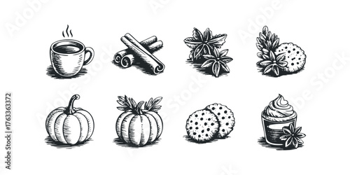 Collection of Hand Drawn Autumnal Treats and Spices